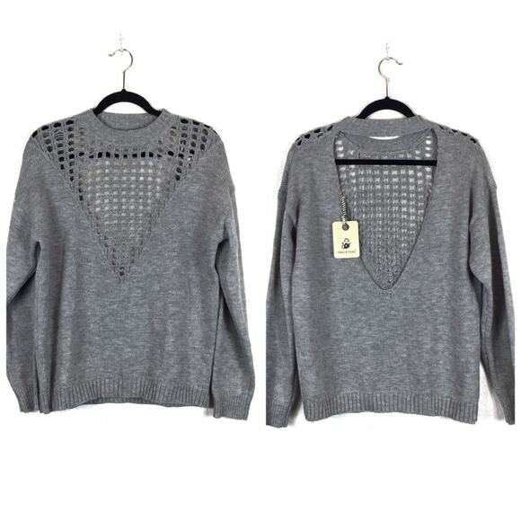 NWT Mika & Gala LF Grey Knit Lightweight Sweater XS Cut Out Deep V Open Back - Picture 1 of 10